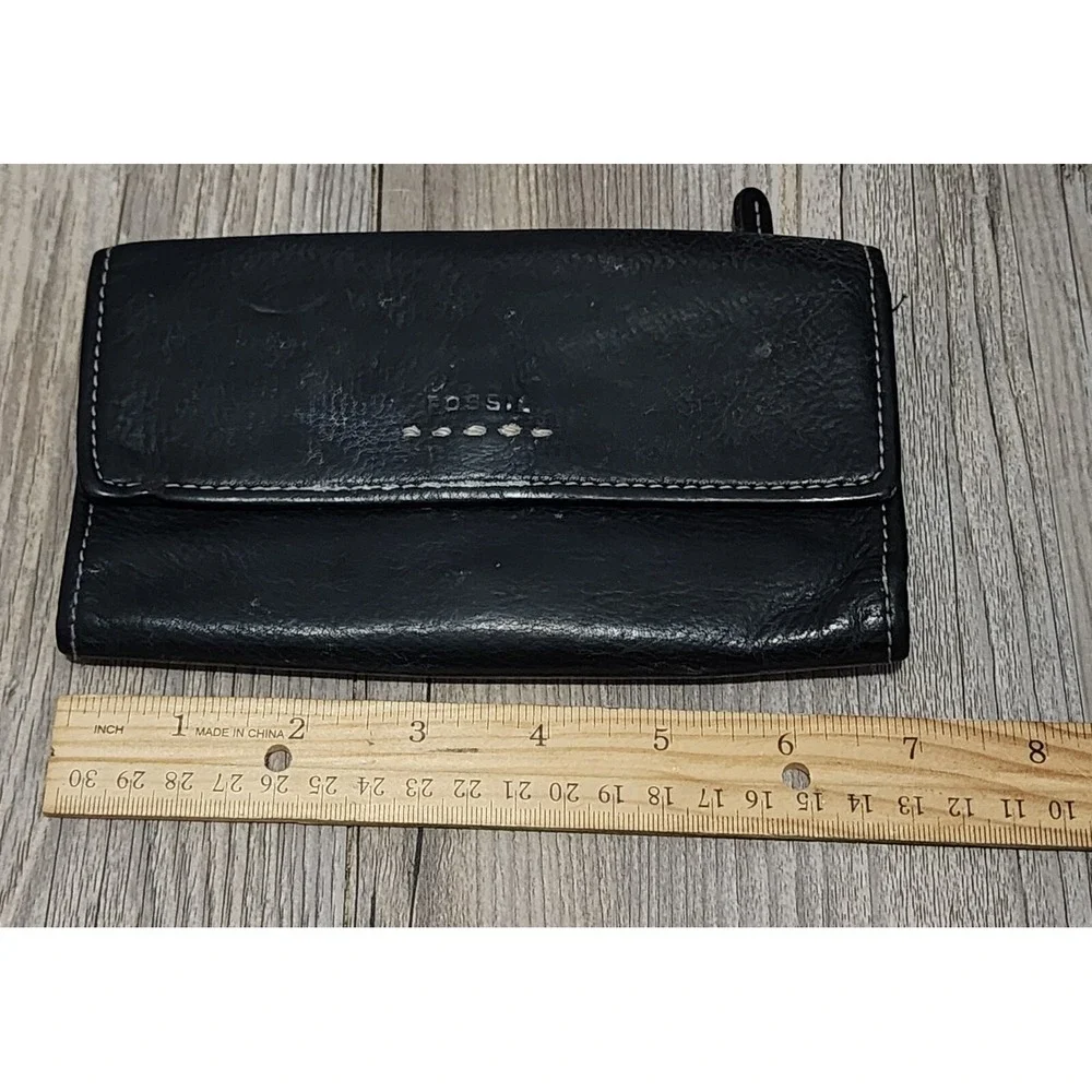 Fossil Black Leather Wallet Clutch Zip‎ Around Continental Style